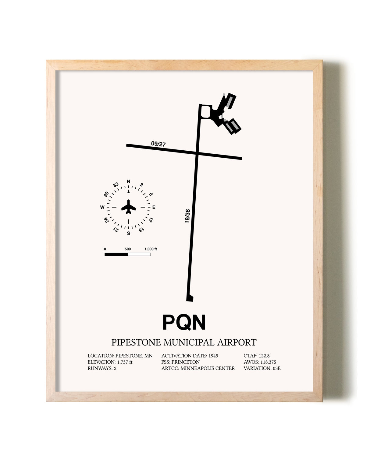 Pipestone Municipal Airport framed wall art in white frame