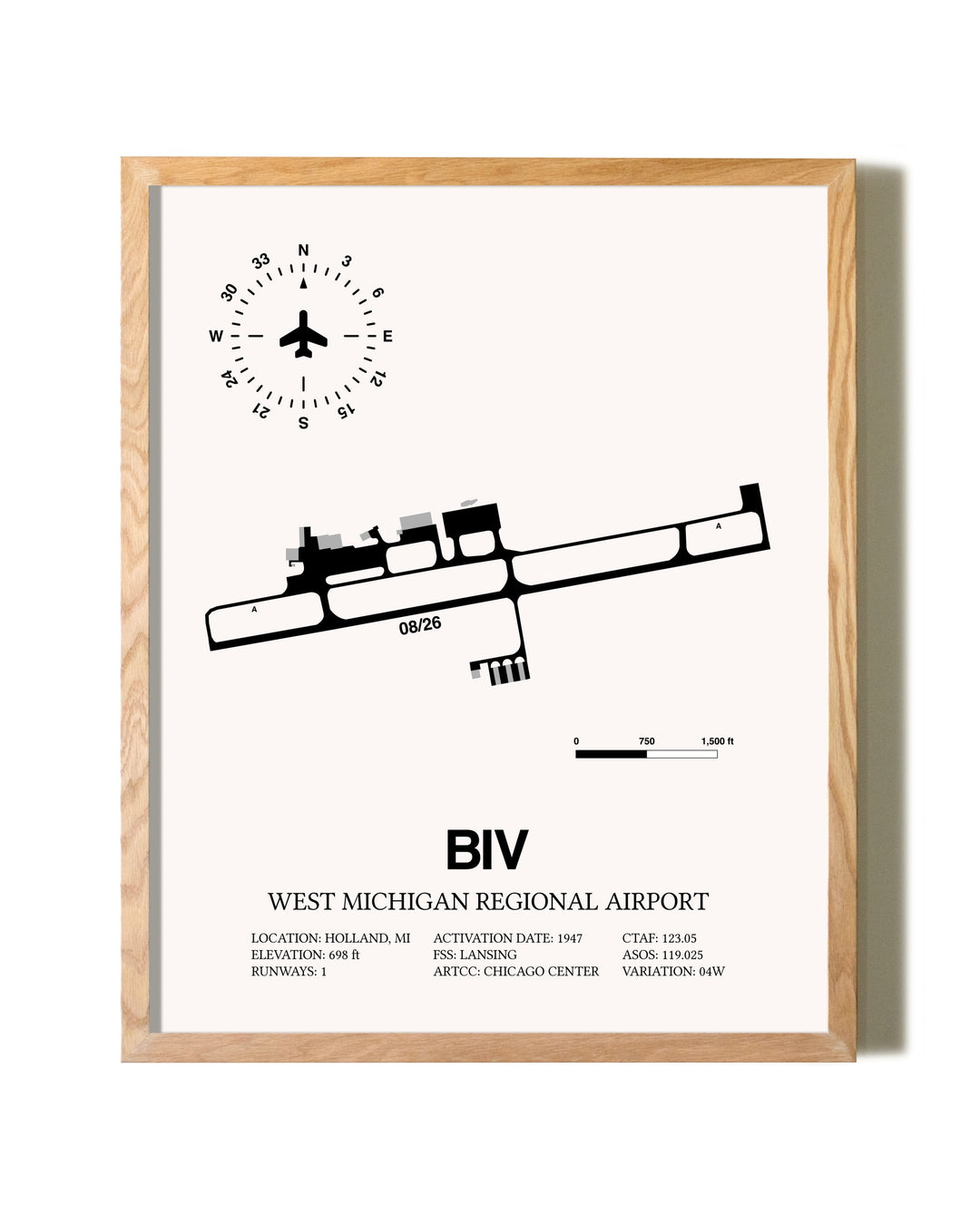 West Michigan Regional Airport framed print in natural wood frame