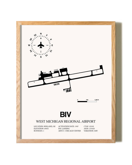 West Michigan Regional Airport framed print in natural wood frame