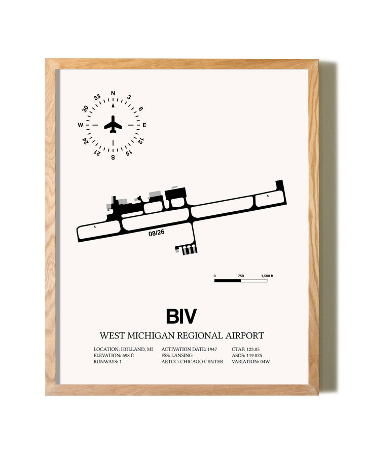 West Michigan Regional Airport framed print in natural wood frame