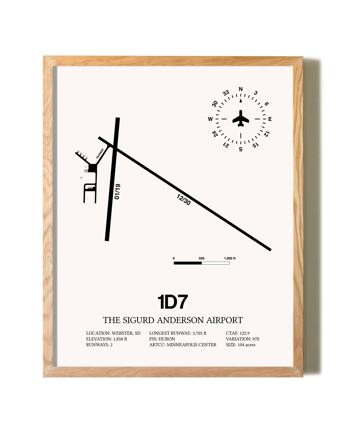 The Sigurd Anderson Airport framed print in natural wood frame