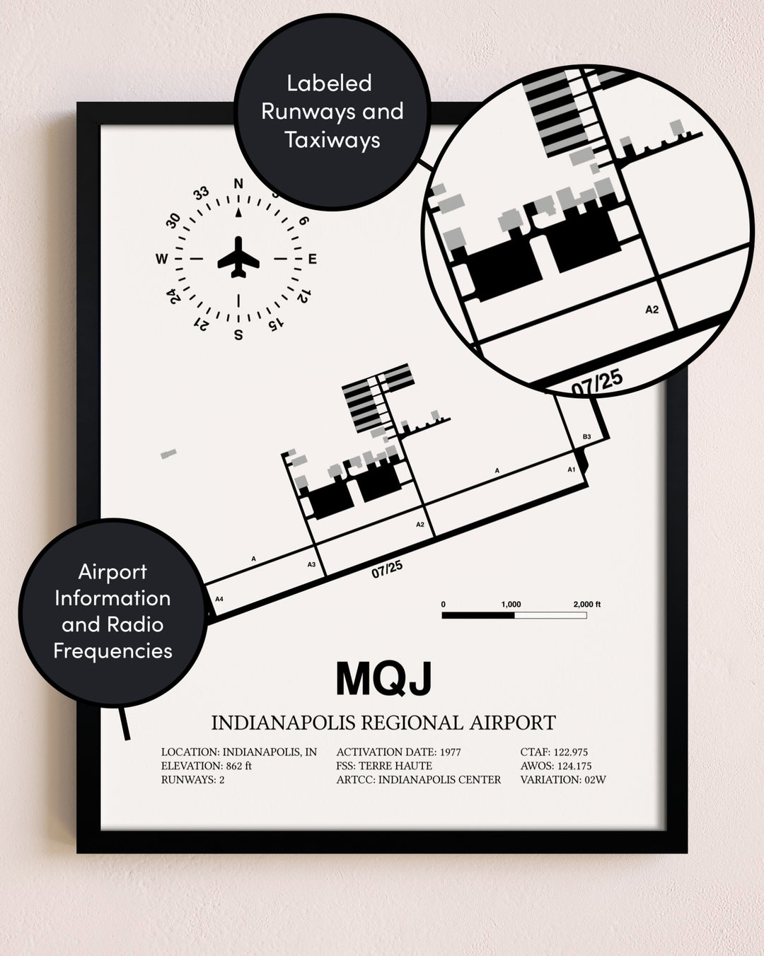 Framed Indianapolis Regional Airport layout wall art poster