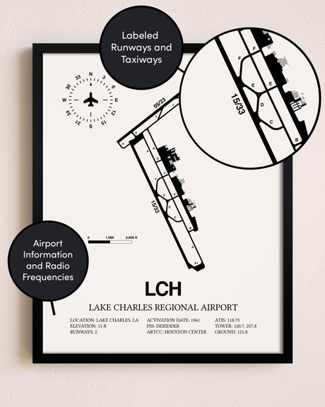 Framed Lake Charles Regional Airport layout wall art poster