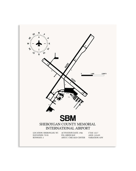 Gray Sheboygan County Memorial International Airport framed poster displayed in an airplane hangar