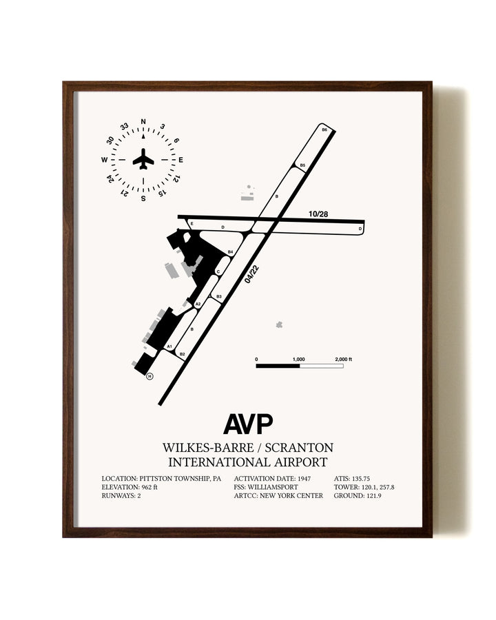 Wilkes-Barre / Scranton International Airport aviation print in walnut frame