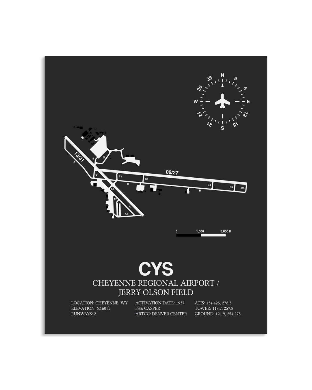 Gray Framed Cheyenne Regional Airport / Jerry Olson Field layout wall art poster