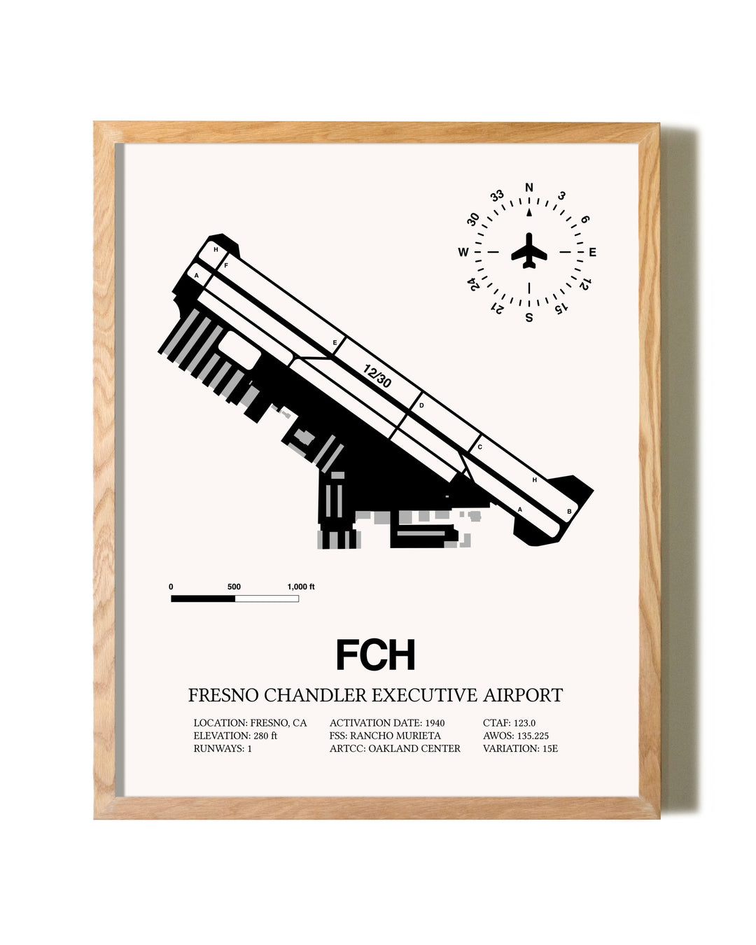 Fresno Chandler Executive Airport framed print in natural wood frame