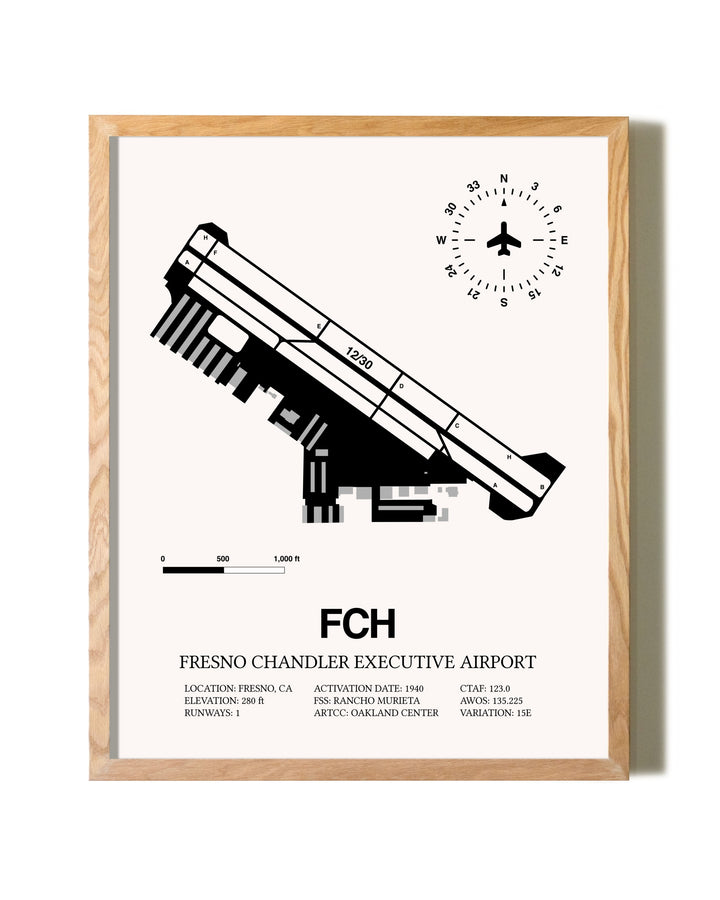 Fresno Chandler Executive Airport framed print in natural wood frame