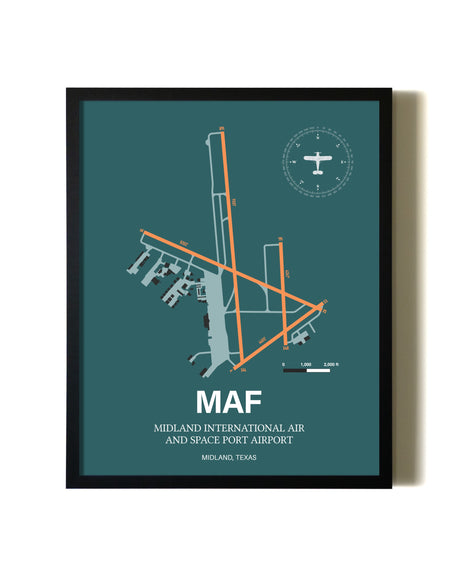 Green Midland International Air and Space Port Airport aviation wall décor in black wood frame