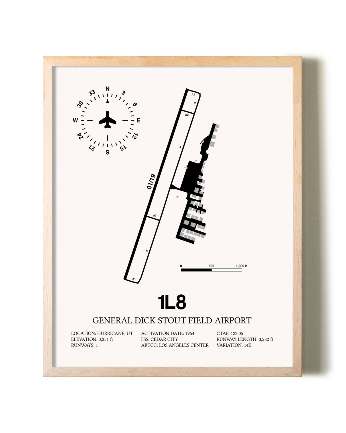 General Dick Stout Field Airport framed wall art in white frame