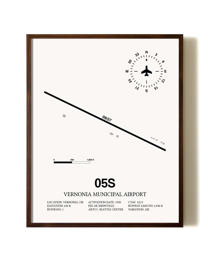 Vernonia Municipal Airport aviation print in walnut frame