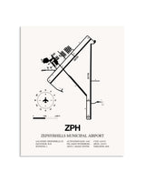 Gray Zephyrhills Municipal Airport framed poster displayed in an airplane hangar