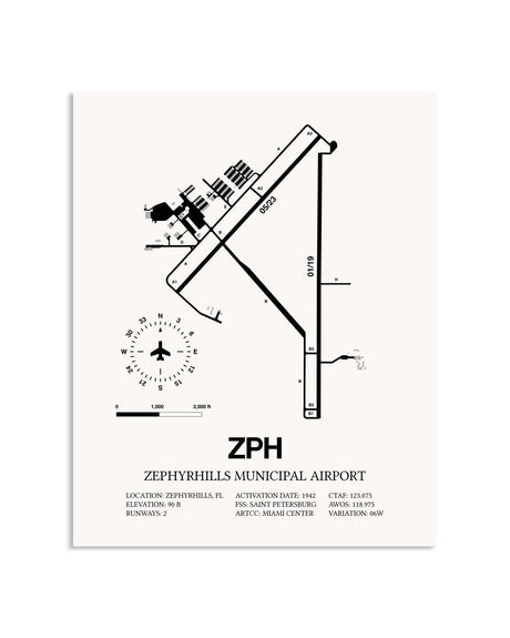 Gray Zephyrhills Municipal Airport framed poster displayed in an airplane hangar