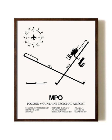 Pocono Mountains Regional Airport aviation print in walnut frame