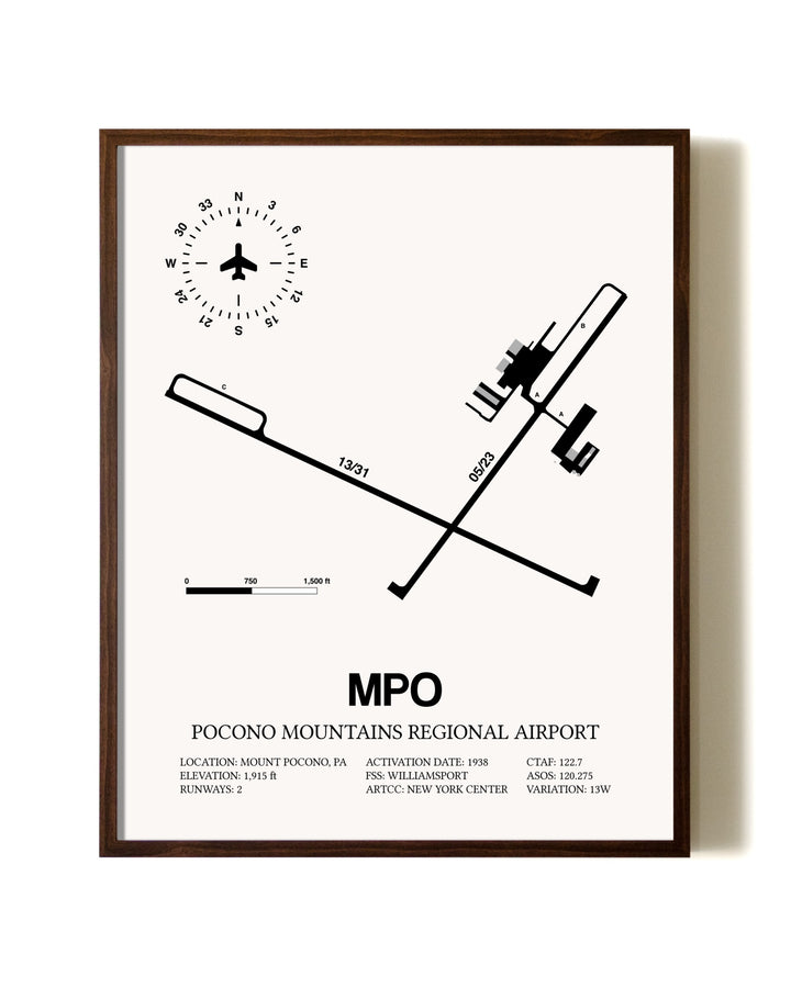 Pocono Mountains Regional Airport aviation print in walnut frame