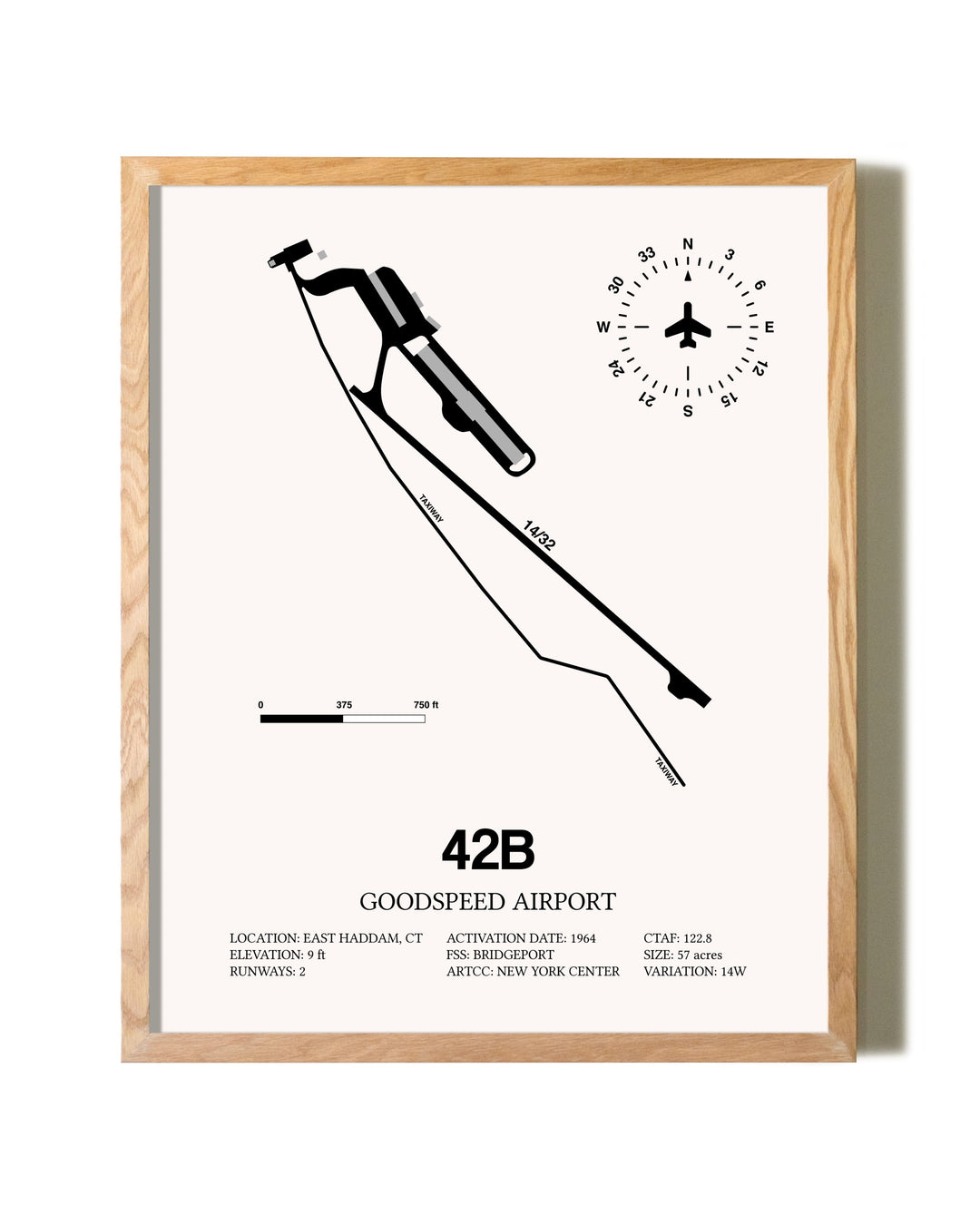 Goodspeed Airport framed print in natural wood frame