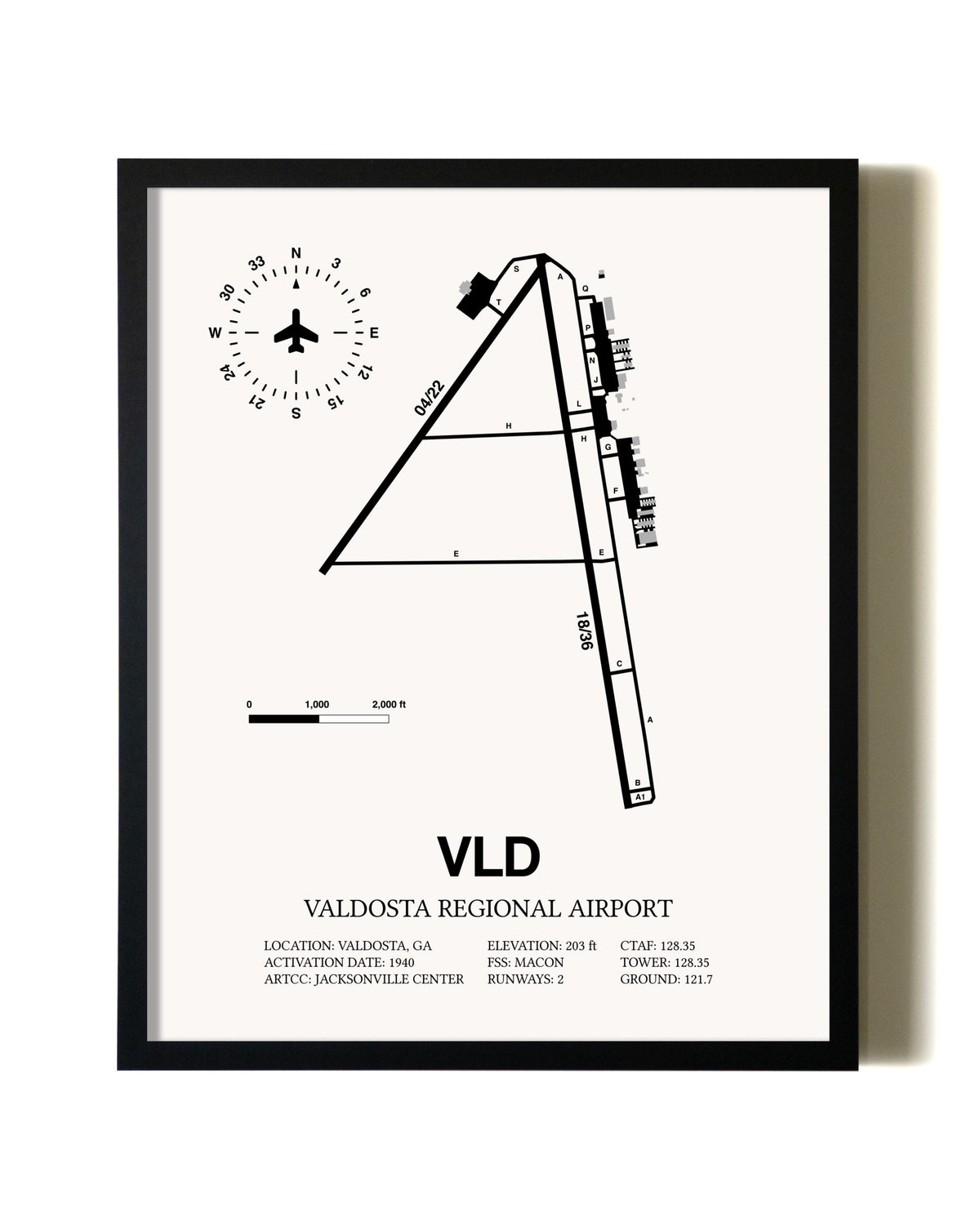 Framed Valdosta Regional Airport wall art poster in black frame