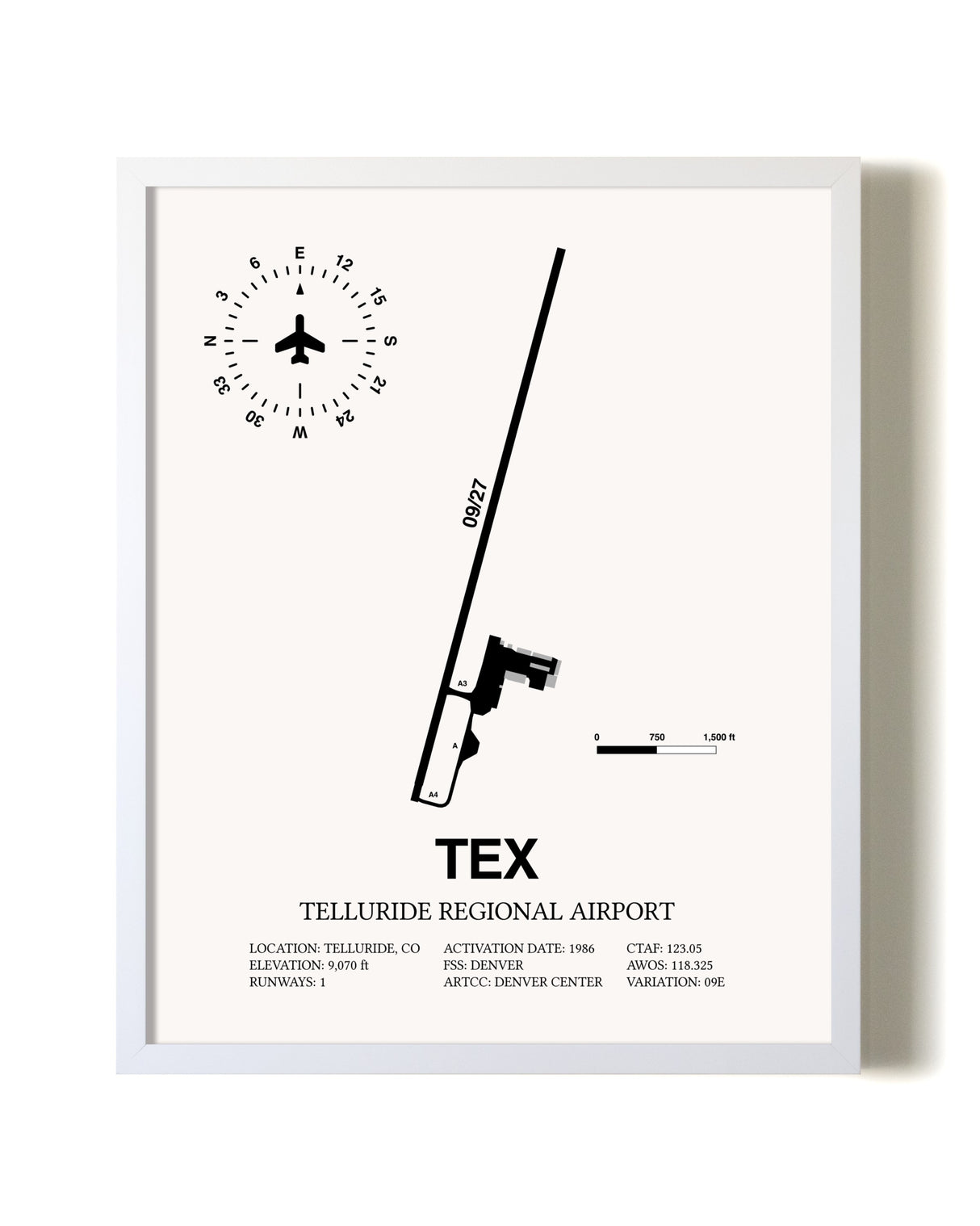 Telluride Regional Airport airport map poster in oak frame