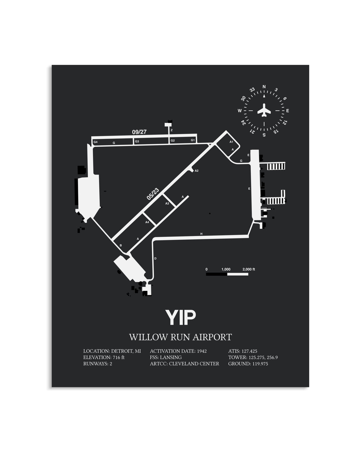 Gray Framed Willow Run Airport layout wall art poster