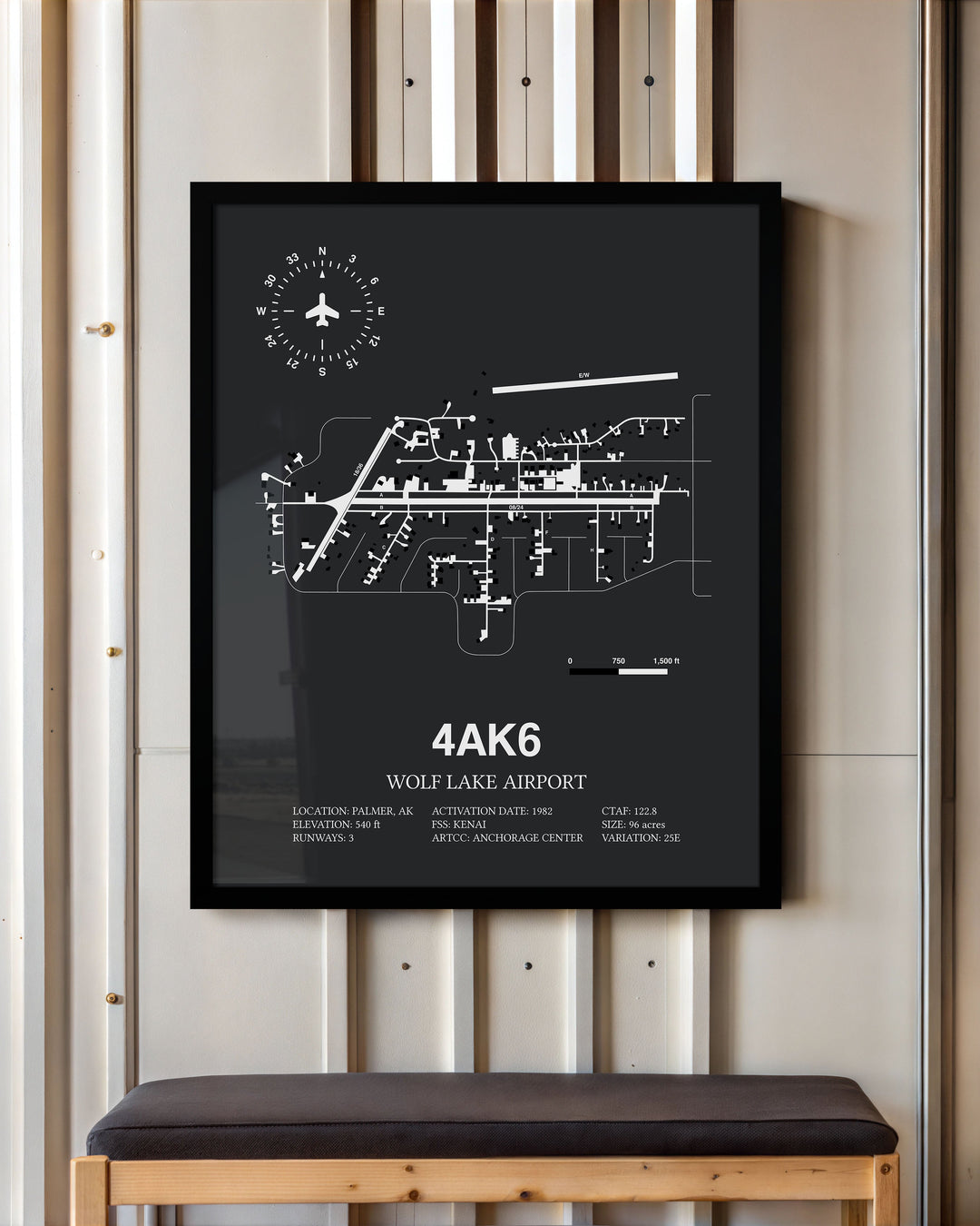 Framed Detailed Airport Map of Wolf Lake Airport (4AK6) in Gray with a Black Frame