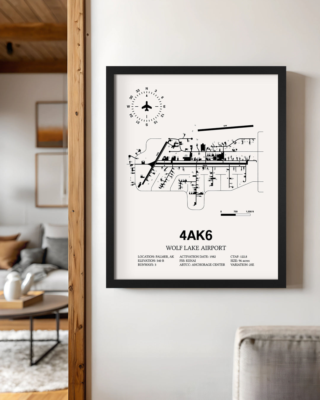 Framed Detailed Airport Map of Wolf Lake Airport (4AK6) in White with a Black Frame