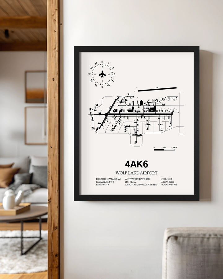 Framed Detailed Airport Map of Wolf Lake Airport (4AK6) in White with a Black Frame