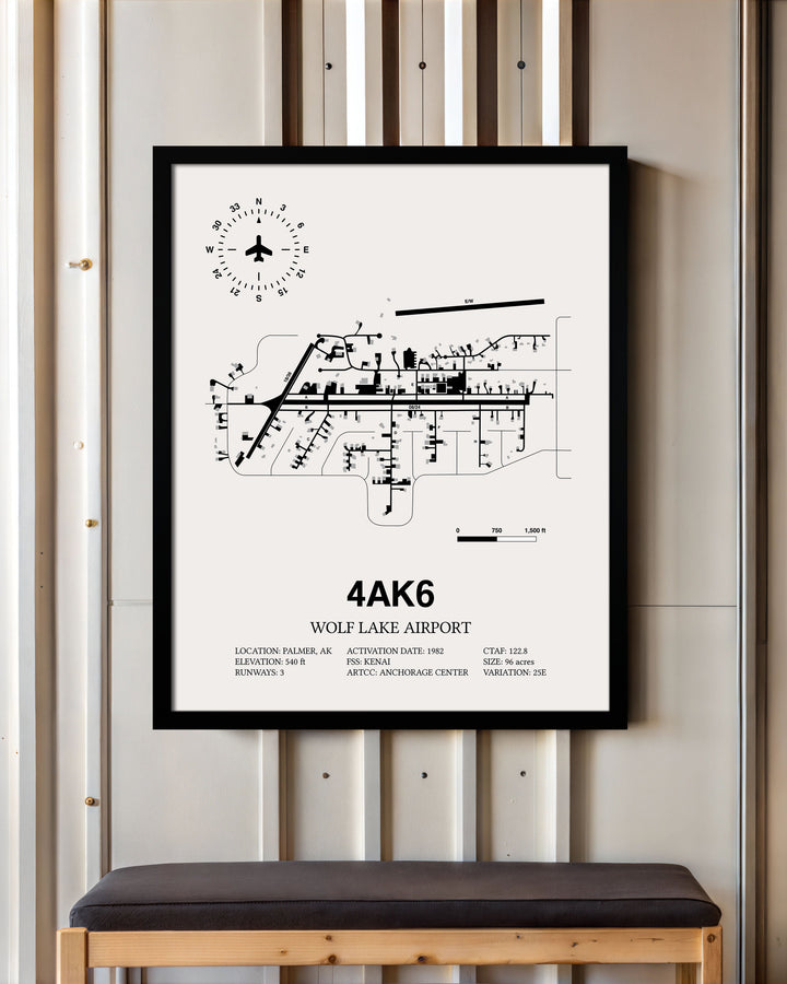 Framed Detailed Airport Map of Wolf Lake Airport (4AK6) in White with a Black Frame