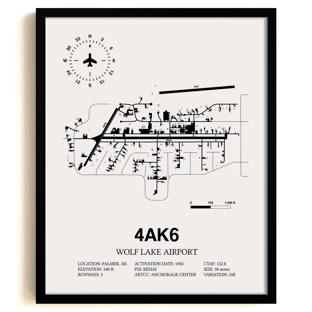 Framed Detailed Airport Map of Wolf Lake Airport (4AK6) in White with a Black Frame