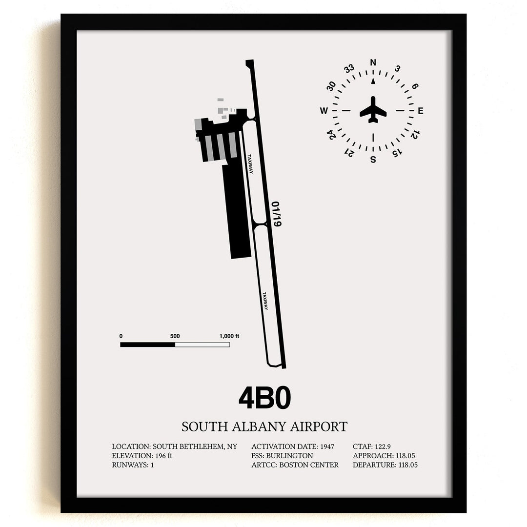 Framed Detailed Airport Map of South Albany Airport (4B0) in White with a Black Frame