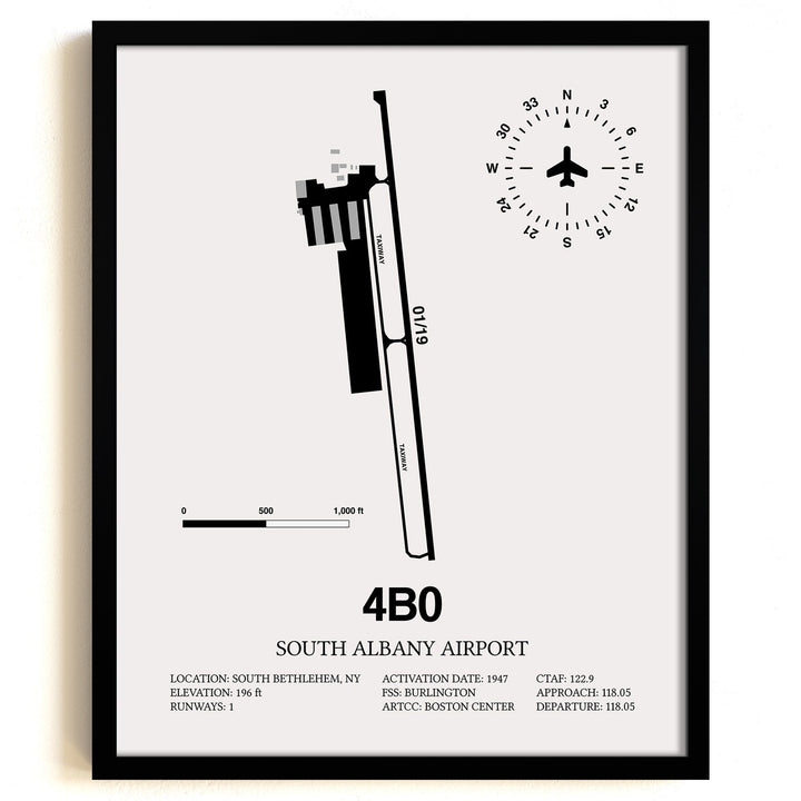 Framed Detailed Airport Map of South Albany Airport (4B0) in White with a Black Frame