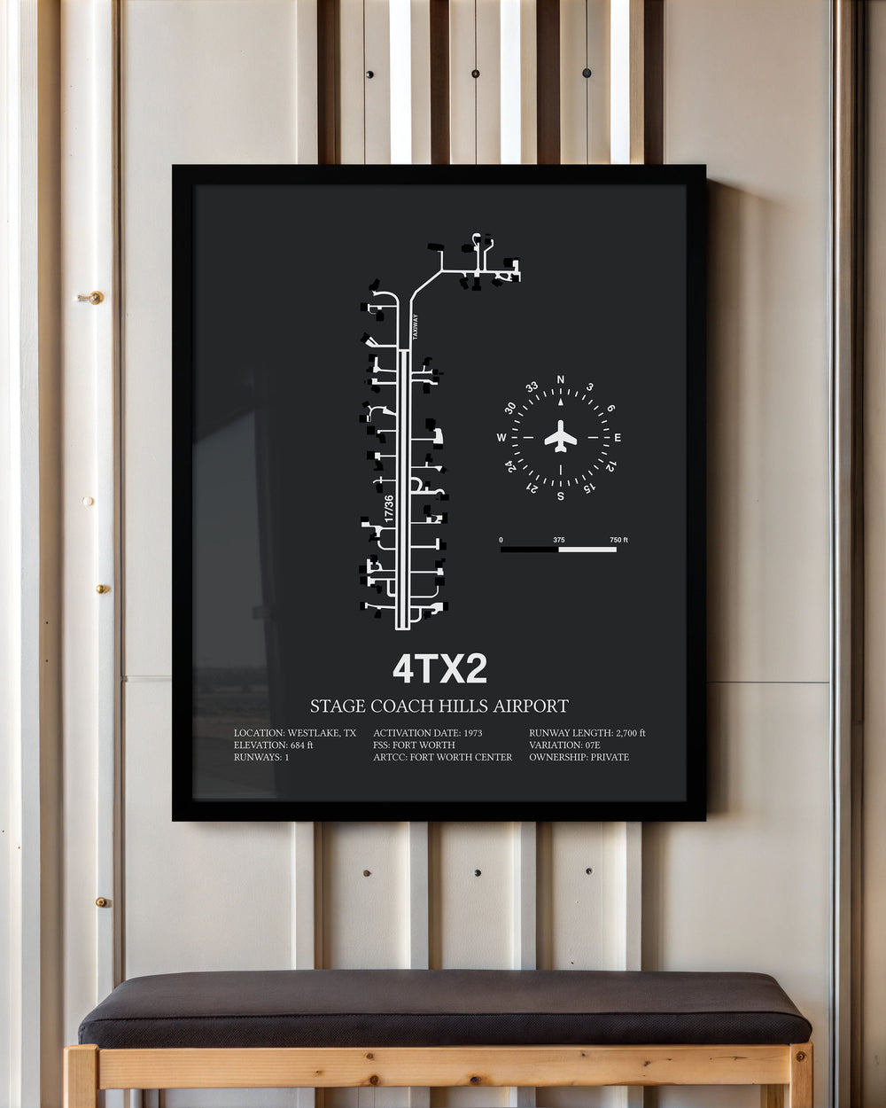 Framed Detailed Airport Map of Stage Coach Hills Airport (4TX2) in Gray with a Black Frame