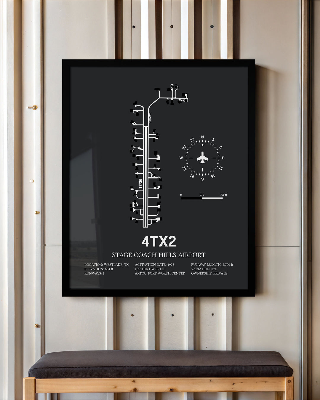 Framed Detailed Airport Map of Stage Coach Hills Airport (4TX2) in Gray with a Black Frame