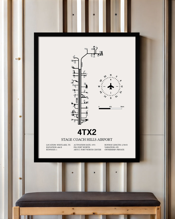Framed Detailed Airport Map of Stage Coach Hills Airport (4TX2) in White with a Black Frame
