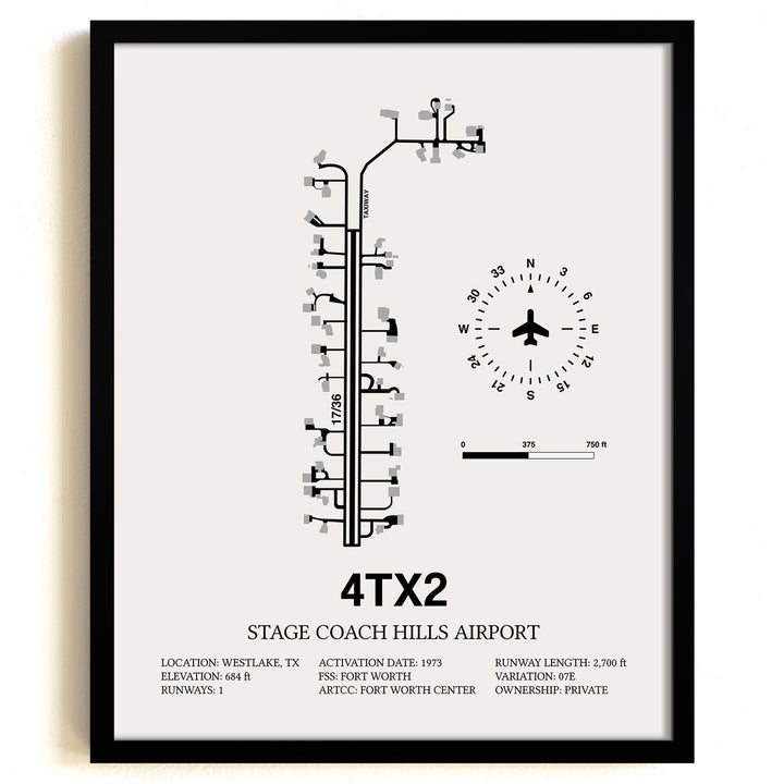 Framed Detailed Airport Map of Stage Coach Hills Airport (4TX2) in White with a Black Frame