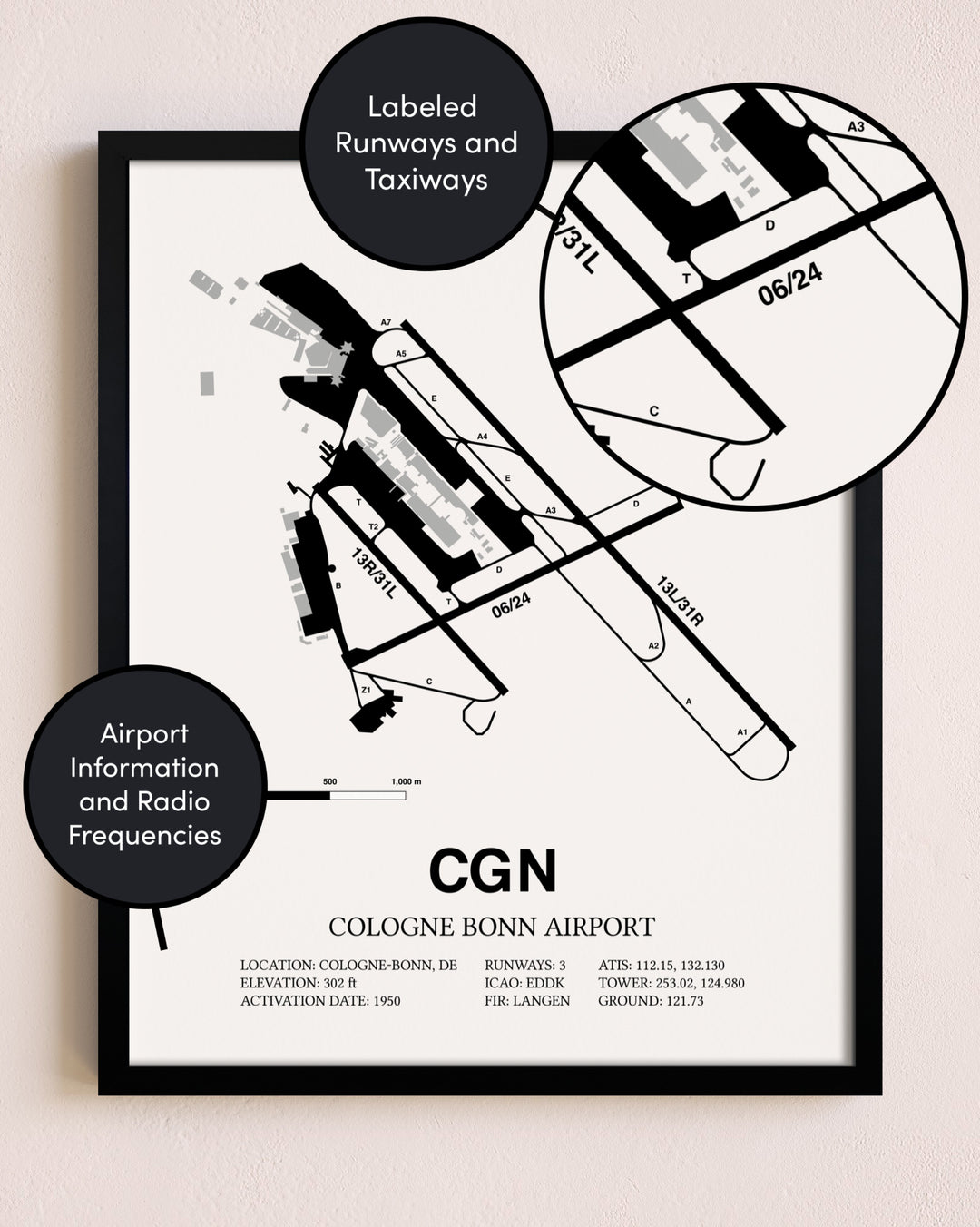 Framed Cologne Bonn Airport layout wall art poster