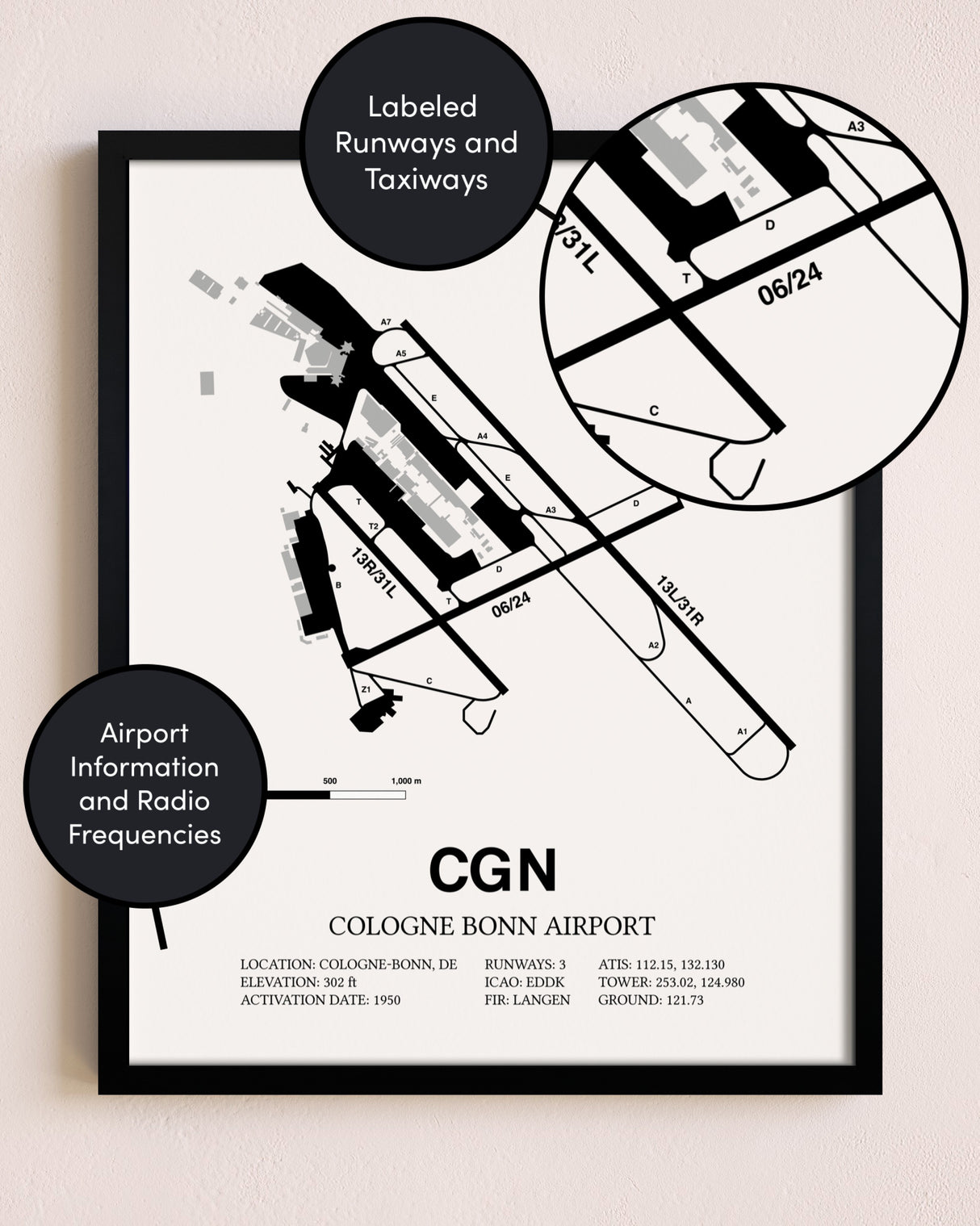 Framed Cologne Bonn Airport layout wall art poster