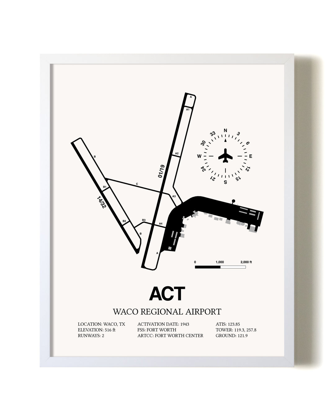 Waco Regional Airport airport map poster in oak frame