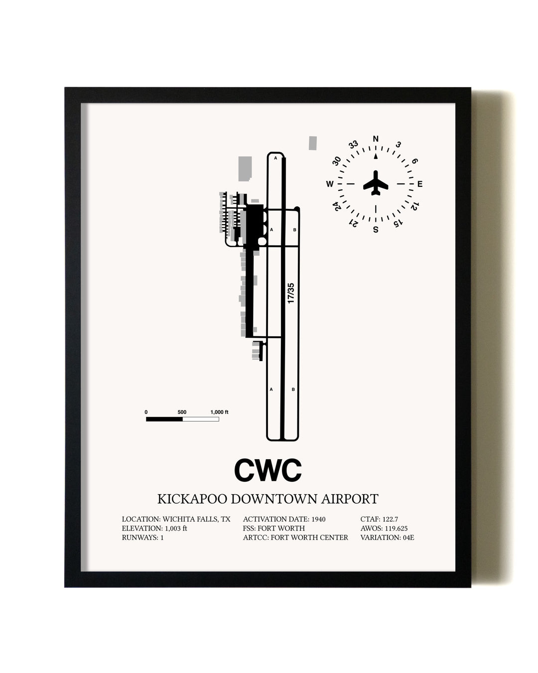 Framed Kickapoo Downtown Airport wall art poster in black frame