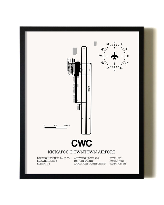 Framed Kickapoo Downtown Airport wall art poster in black frame
