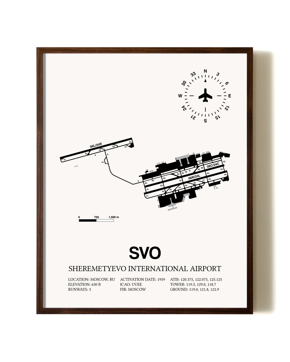 Sheremetyevo International Airport aviation print in walnut frame