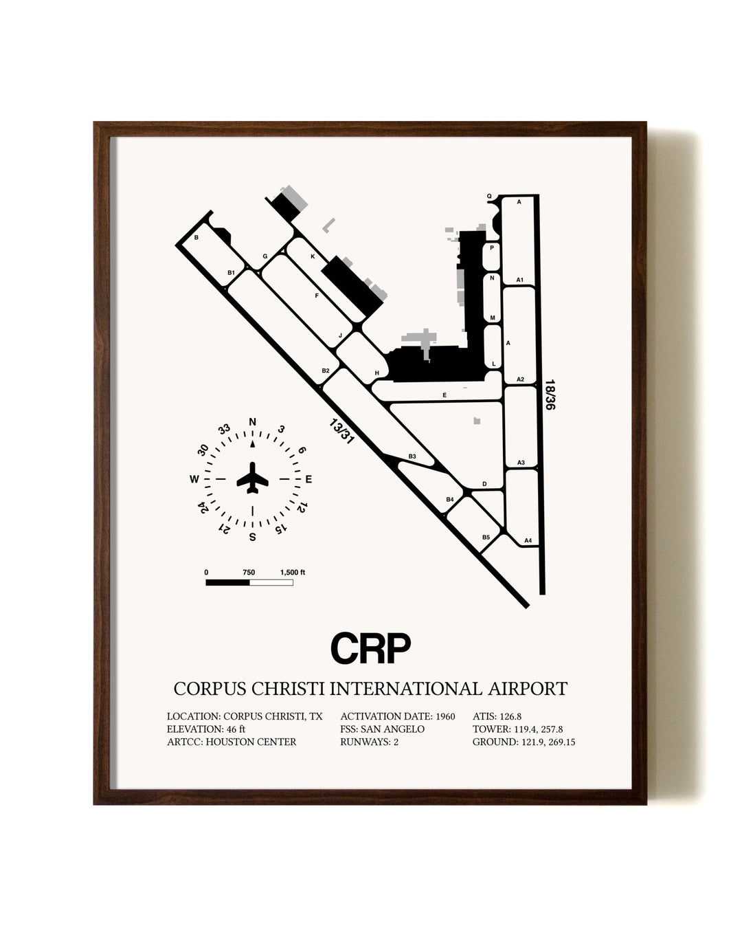 Corpus Christi International Airport aviation print in walnut frame