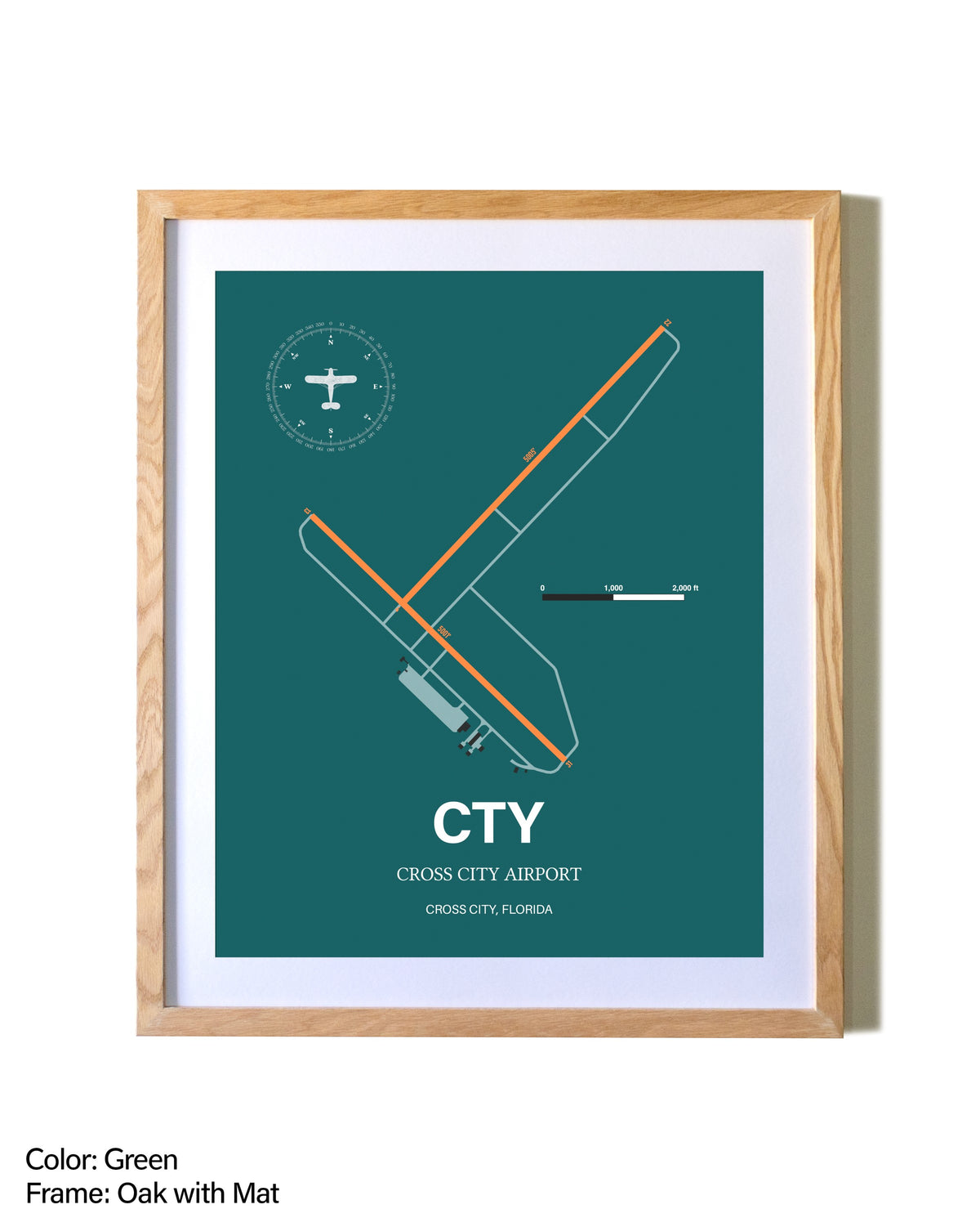 Cross City Airport airport map poster in oak frame with mat
