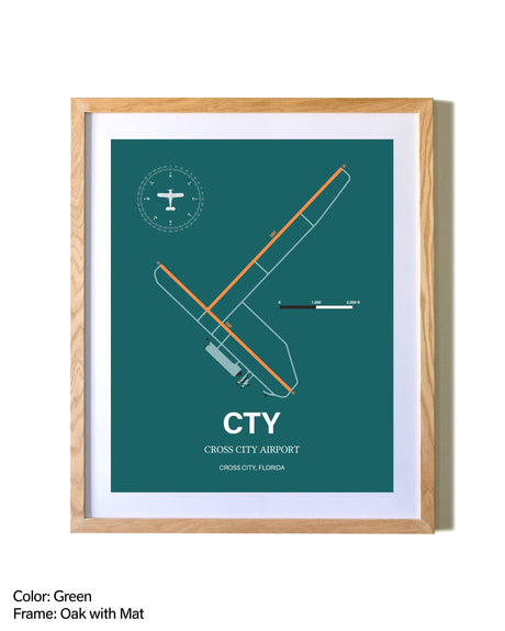 Cross City Airport airport map poster in oak frame with mat