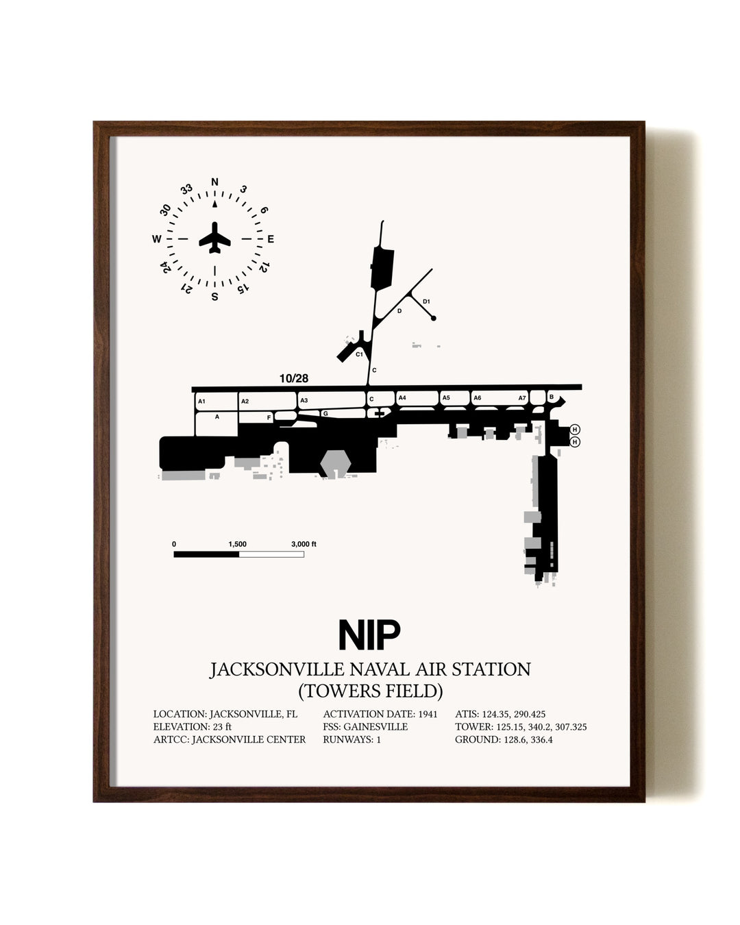 Jacksonville Naval Air Station (Towers Field) aviation print in walnut frame