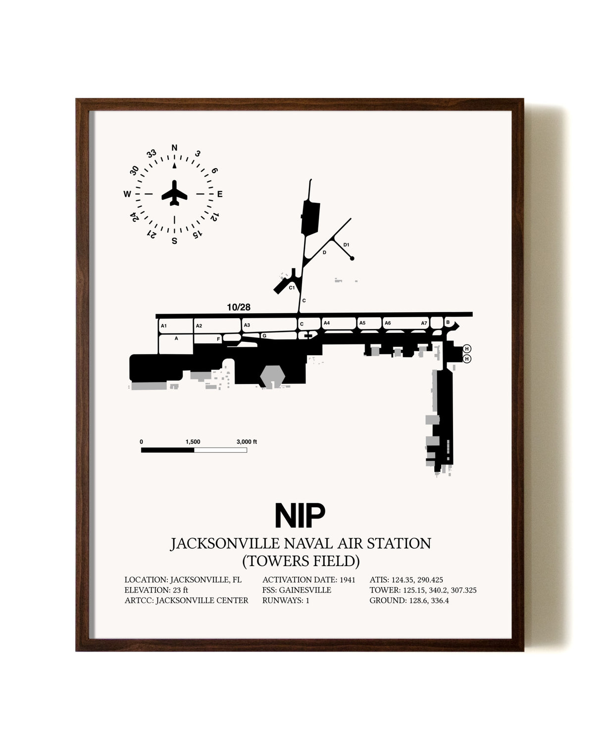 Jacksonville Naval Air Station (Towers Field) aviation print in walnut frame