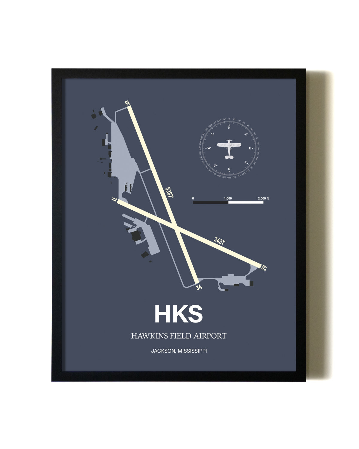 Blue and Cream Framed Hawkins Field Airport layout wall art poster