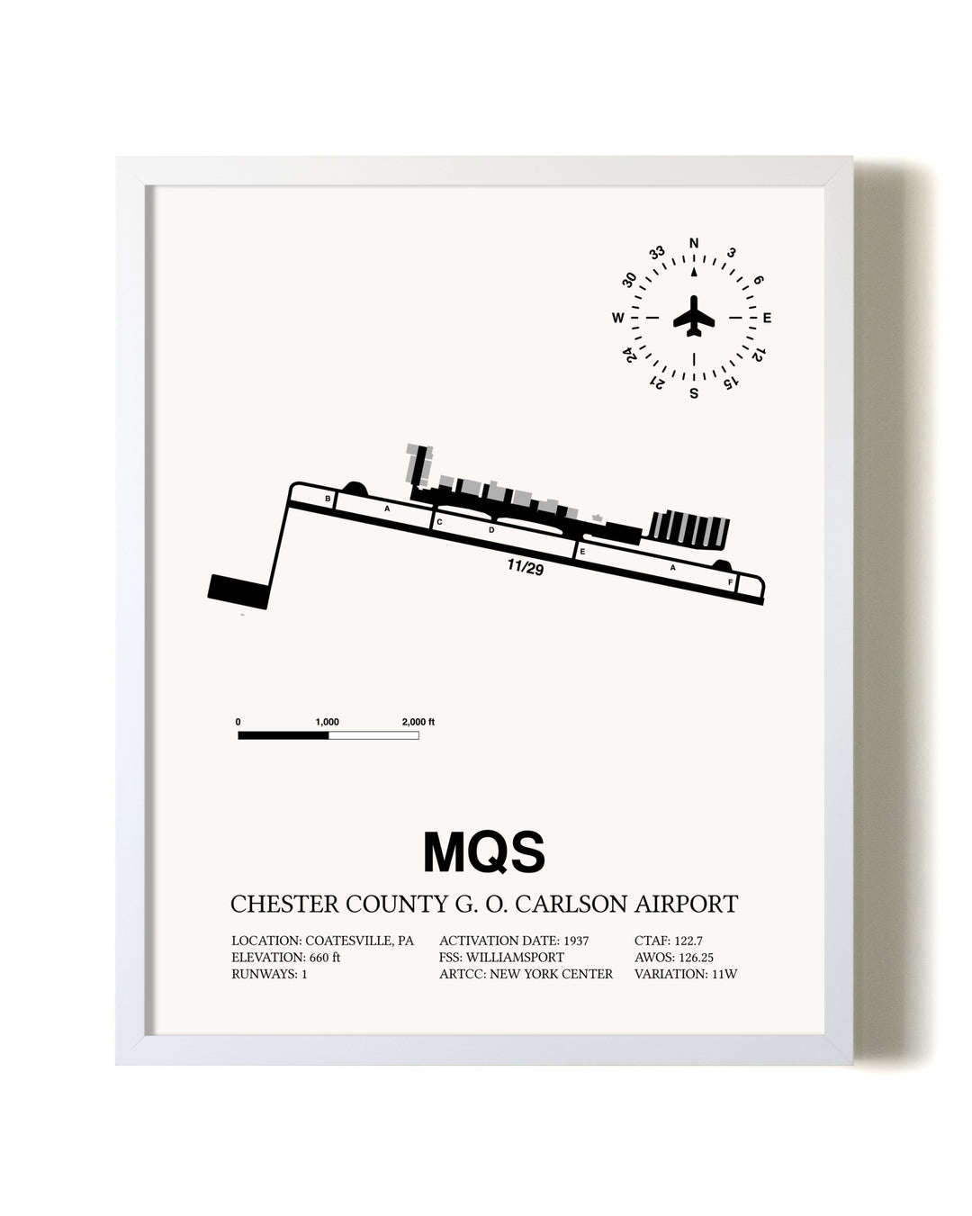Chester County G. O. Carlson Airport airport map poster in oak frame
