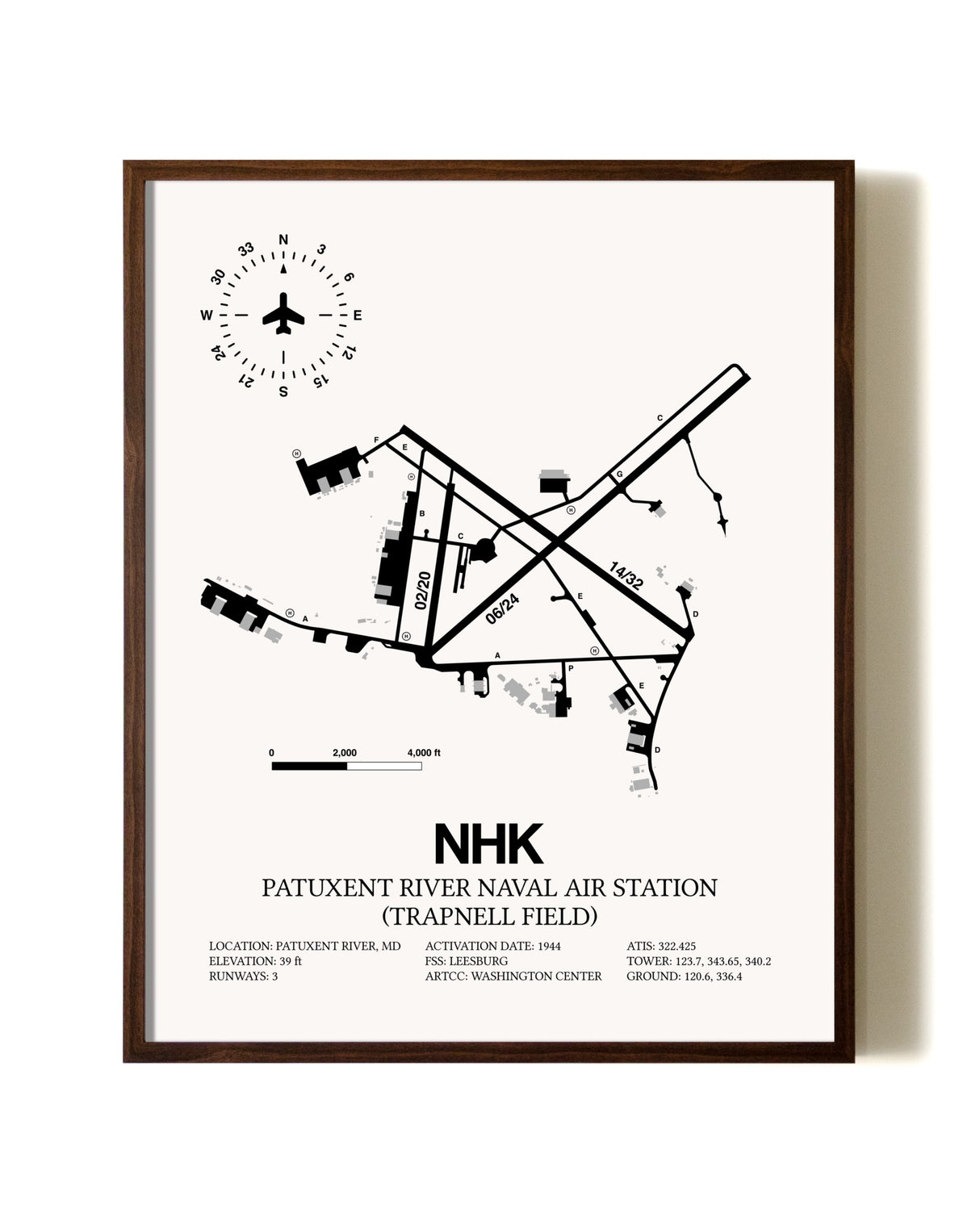 Patuxent River Naval Air Station (Trapnell Field) aviation print in walnut frame