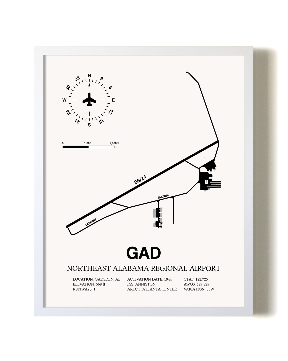 Northeast Alabama Regional Airport airport map poster in oak frame