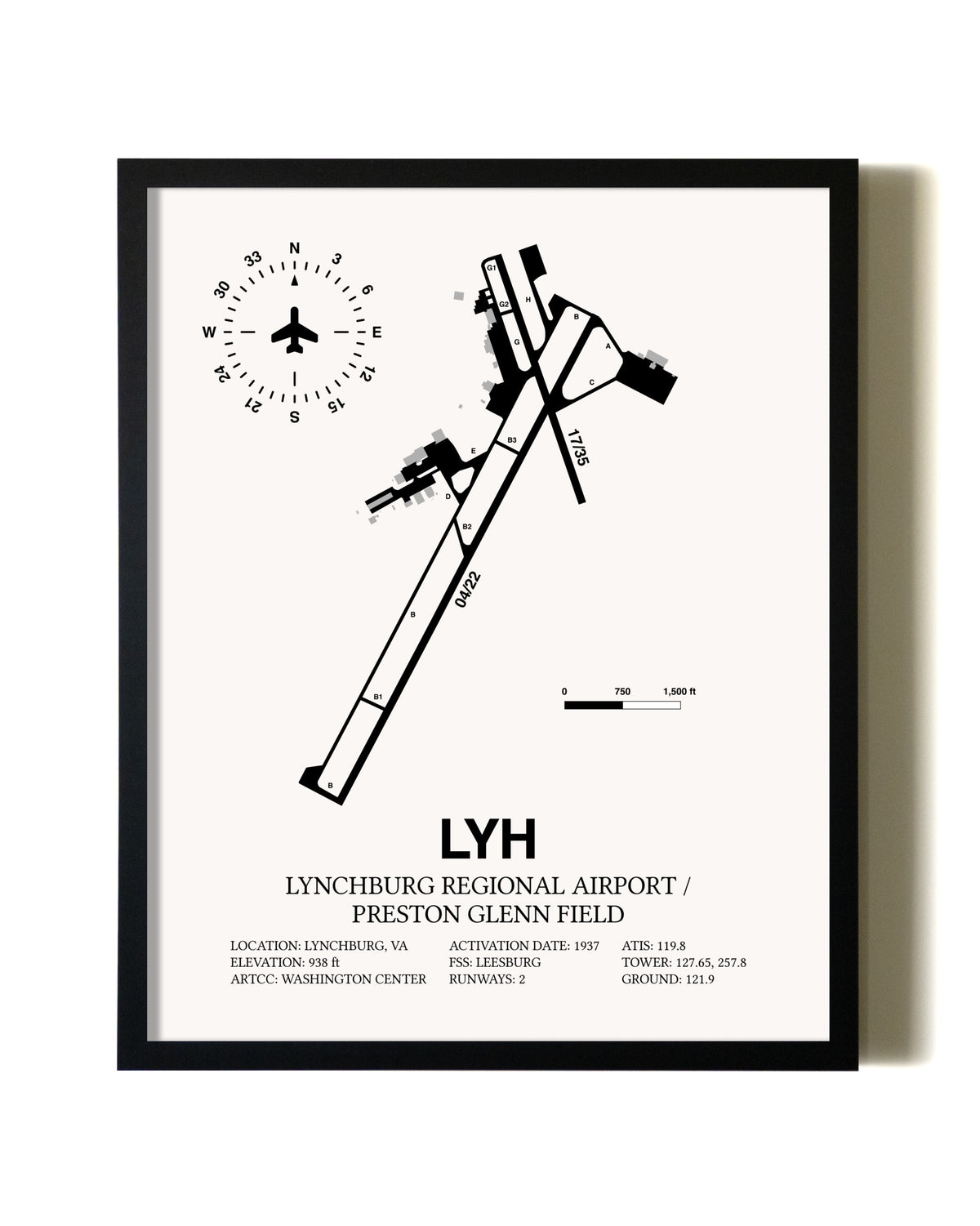 Framed Lynchburg Regional Airport / Preston Glenn Field wall art poster in black frame